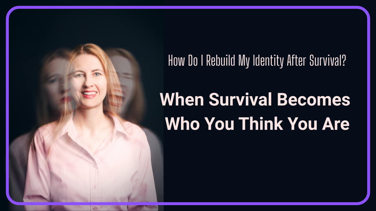 A woman standing and smiling, with versions of her emotional struggle in the background