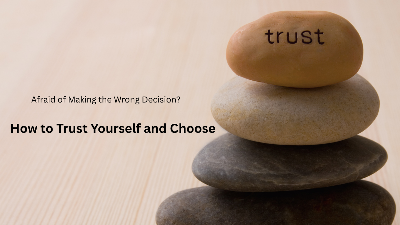 A stack of stones on the right side of the picture with the word trust etched into the top one. The blog title is on the right.