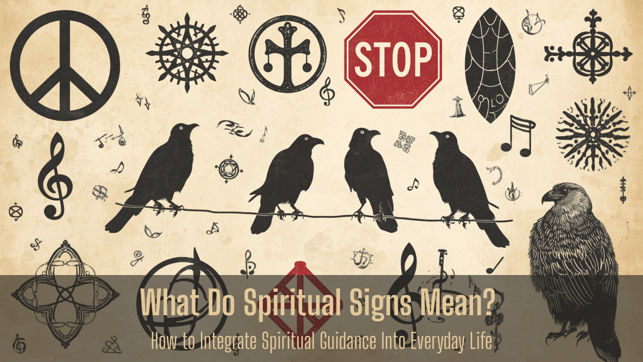 A tan background with various spiritual signs including stop sign, three crows on a wire, spiritual symbols, etc.